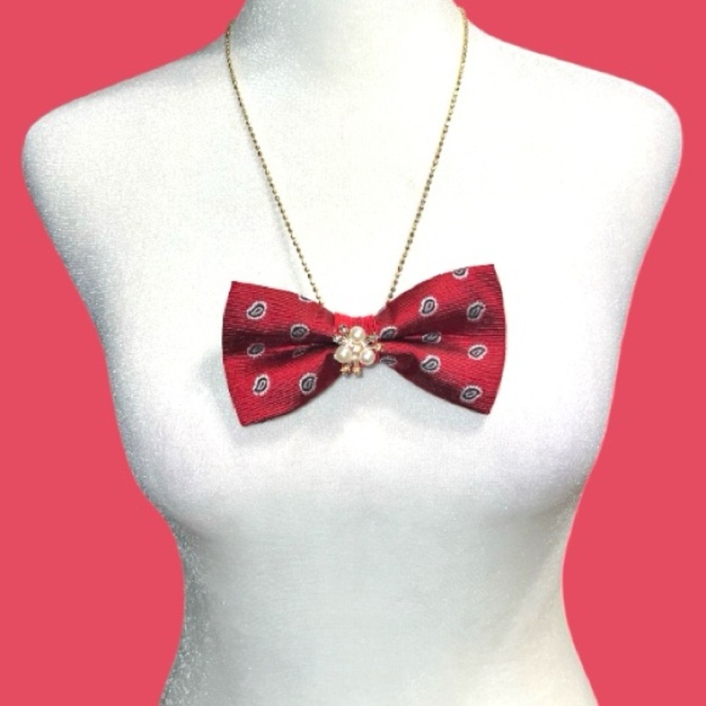 “Dainty Dapper”’Red Bow tie Pendant Necklace